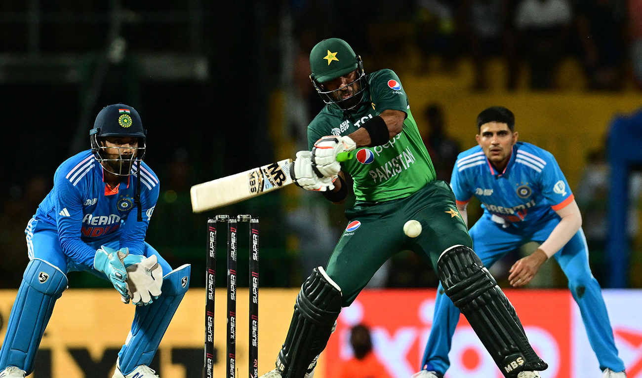 Pakistan's Iftikhar Ahmed (C) plays a shot during the Asia Cup 2023 super four one-day international (ODI) cricket match between India and Pakistan at the R. Premadasa Stadium in Colombo on September 11, 2023. (AFP/File)