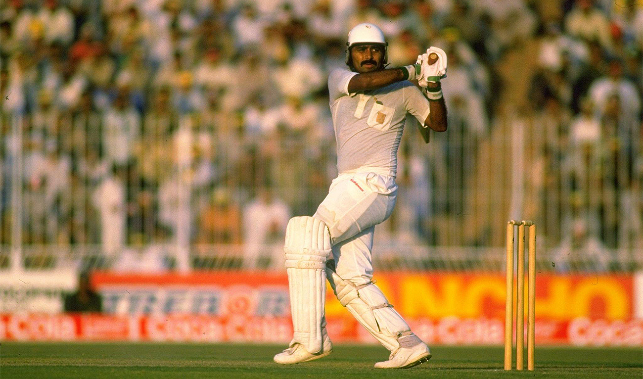 Former Pakistani Cricketer Javed MIandad plays a shot during his 100th Test match in which he scored 145 against India at the Gaddafi Stadium, Lahore, on December 6, 1989. (Pakistan Cricket Board)