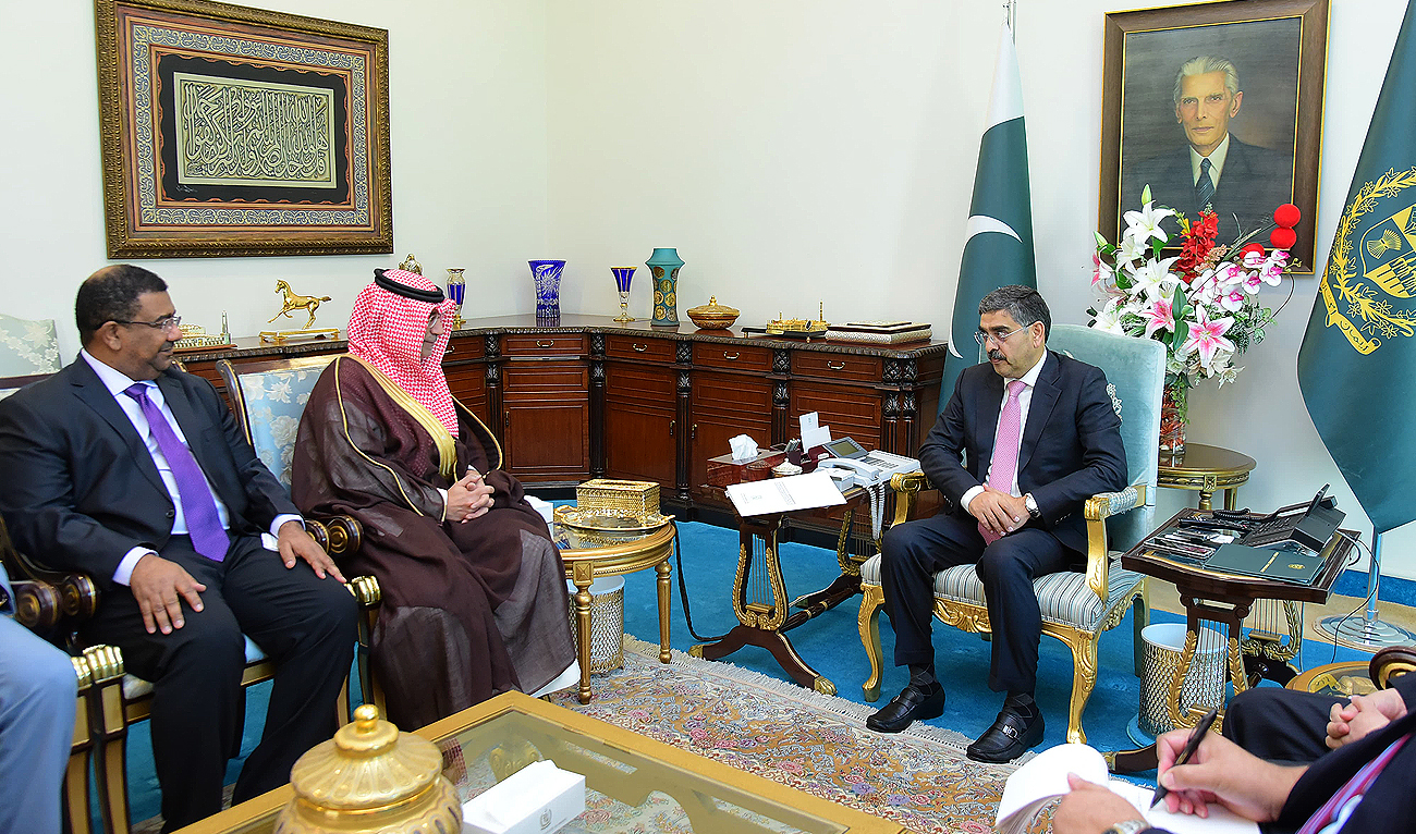 Organization of Islamic Cooperation Secretary General’s Special Envoy for Jammu and Kashmir, Yousef M. Al Dobeay, meets Pakistani caretaker Prime Minister Anwaar-ul-Haq Kakkar in Islamabad on October 12, 2023. (Photo courtesy: PMO)