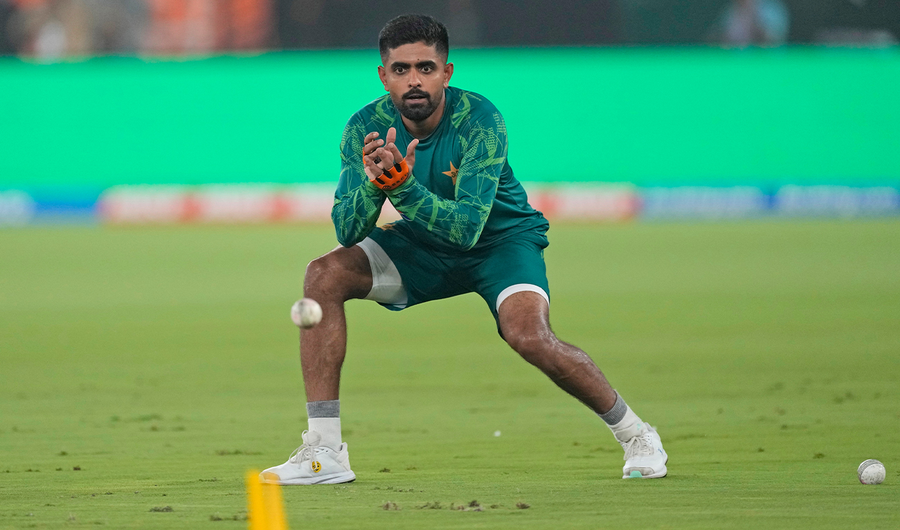 Pakistan's captain Babar Azam attends a practice session ahead of their ICC Cricket World Cup match against India in Ahmedabad, India, on October 12, 2023. (AP)
