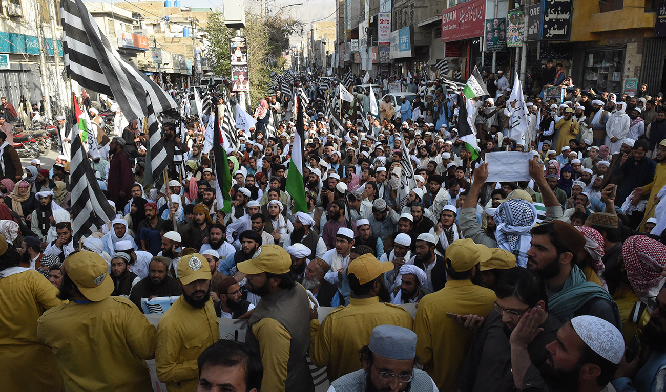 Demonstrators take part in a rally to show solidarity with Palestinians, in Quetta on October 13, 2023. (AFP)