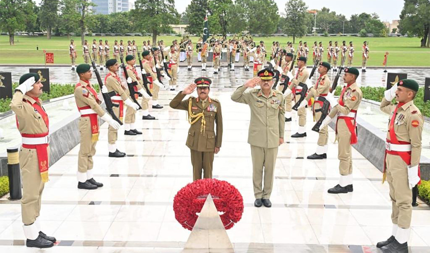 Pakistan's army chief Asim Munir, center right, and Royal Army of Oman (RAO) Commander Major General Matar bin Salim bin Rashid Al-Balushi, center left, salute at the Yadgar-e-Shuhuda (Monument for Martyrs) in Rawalpindi on October 16, 2023. (Photo courtesy: ISPR)