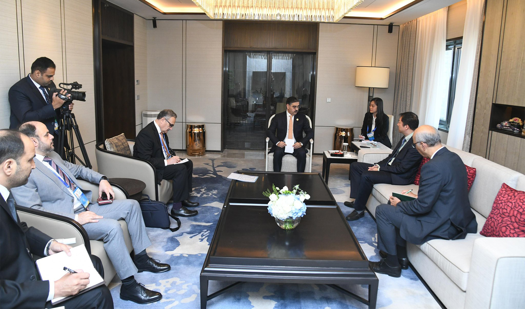 Pakistan Caretaker Prime Minister Anwaar-ul-Haq Kakar (center) meets with Chinese dignitaries during this official visit to China to attend the Belt and Road forum in Beijing on October 17, 2023. (Pakistan Prime Minister's Office)