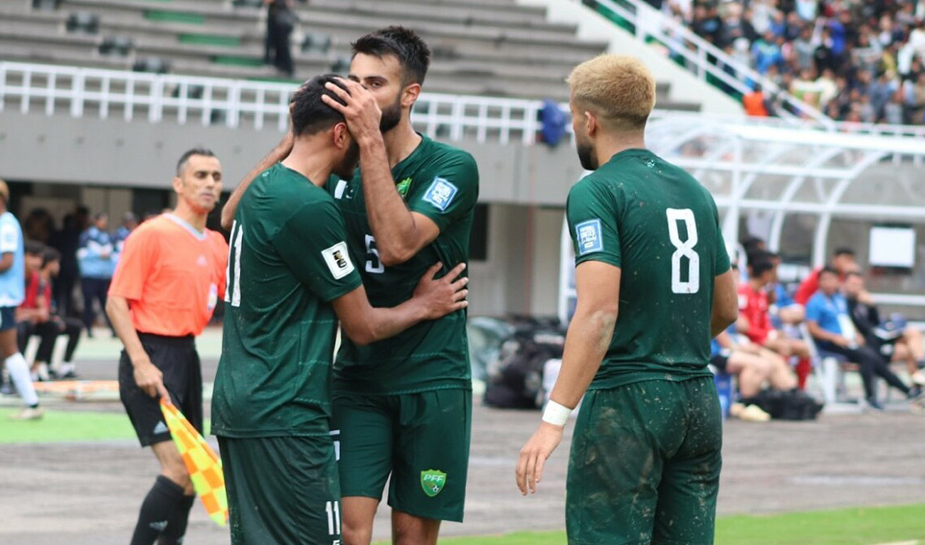 Pakistan's Harun Hamid (first left) celebrates after scoring a goal against Cambodia during the first round of FIFA World Cup 2026 qualifier at the Jinnah Stadium in Islamabad on October 17, 2023. (Photo courtesy: Asian Qualifiers)