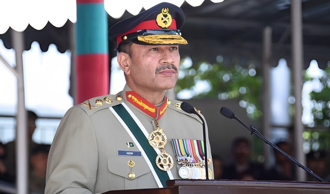Pakistan army chief General Asim Munir addresses the passing out parade of cadets of the 147th PMA Long Course at the Pakistan Military Academy in Kakul, Pakistan, on April 29, 2023. (ISPR/File)