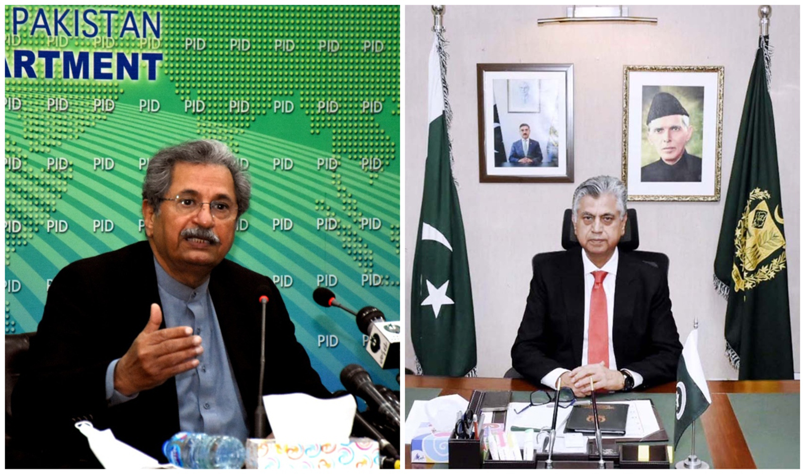 The collage of images created on October 18, 2023, shows Pakistan Tehreek-e-Insaf leader Shafqat Mahmood (left) and Pakistan’s Information Minister Murtaza Solangi. (Photo courtesy: APP/File)