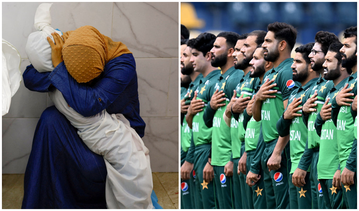 This combination of photos show a woman embracing the body of a Palestinian child killed in Israeli strikes on October 17, 2023, and Pakistani cricket team players standing during their national anthem before their match against India on September 10, 2023. (AFP)