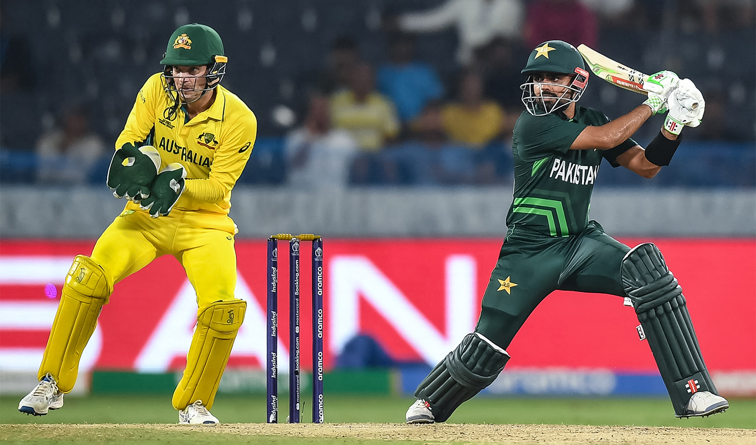 Pakistan's Babar Azam plays a shot during a warm-up match between Pakistan and Australia ahead of the ICC men’s cricket World Cup, at the Rajiv Gandhi International Cricket Stadium in Hyderabad on October 3, 2023. (AFP/File)