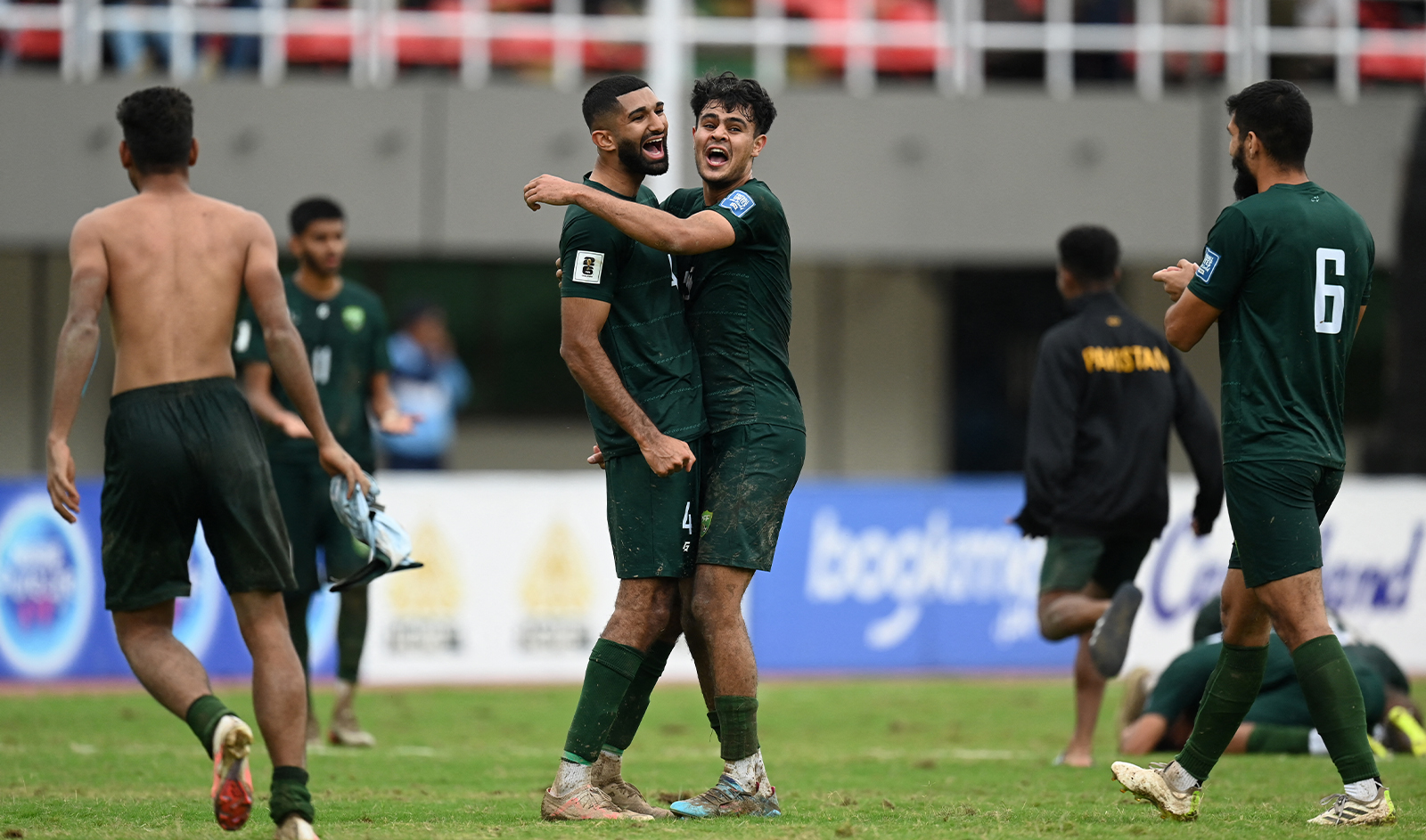 Pakistan's players celebrate their win at the 2026 FIFA World Cup qualifiers football match between Pakistan and Cambodia, at the Jinnah Sports stadium in Islamabad on October 17, 2023. (AFP)