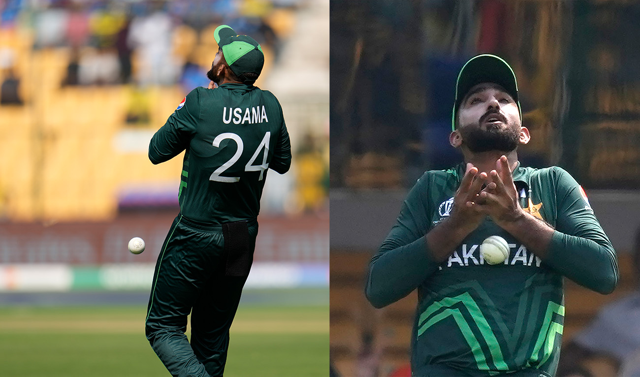 The combination of photos shows Pakistan's Usama Mir drop a catch off a shot from Australia's David Warner during the ICC Men's Cricket World Cup match between Australia and Pakistan in Bengaluru, India, on October 20, 2023. (AP)