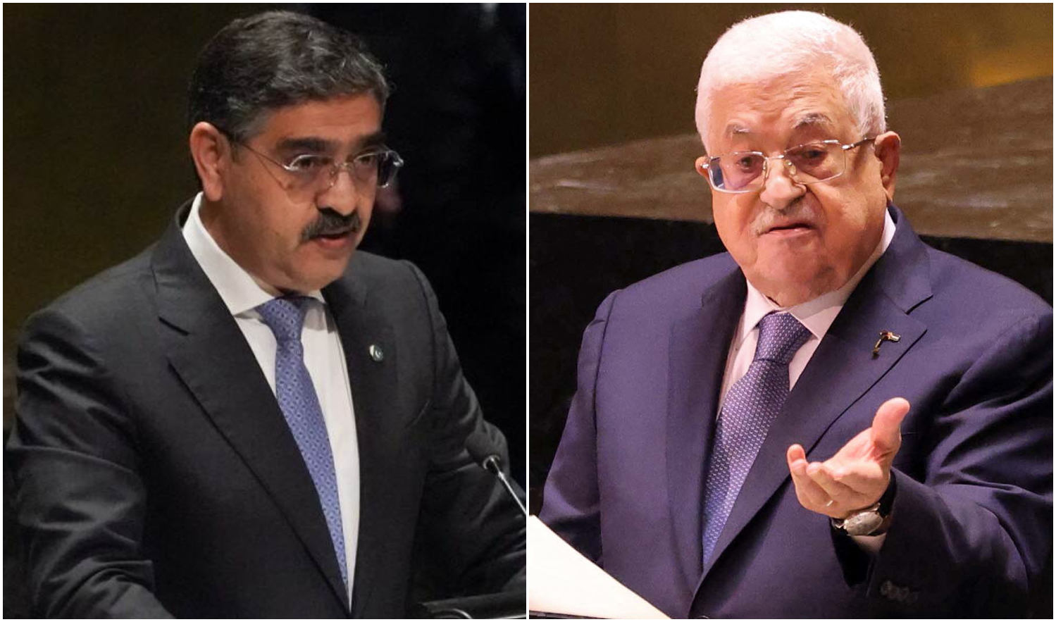 The combination of file photos shows Pakistani prime minister Anwaar-ul-Haq Kakar, left, and Palestinian President Mahmoud Abbas. (AFP photos)