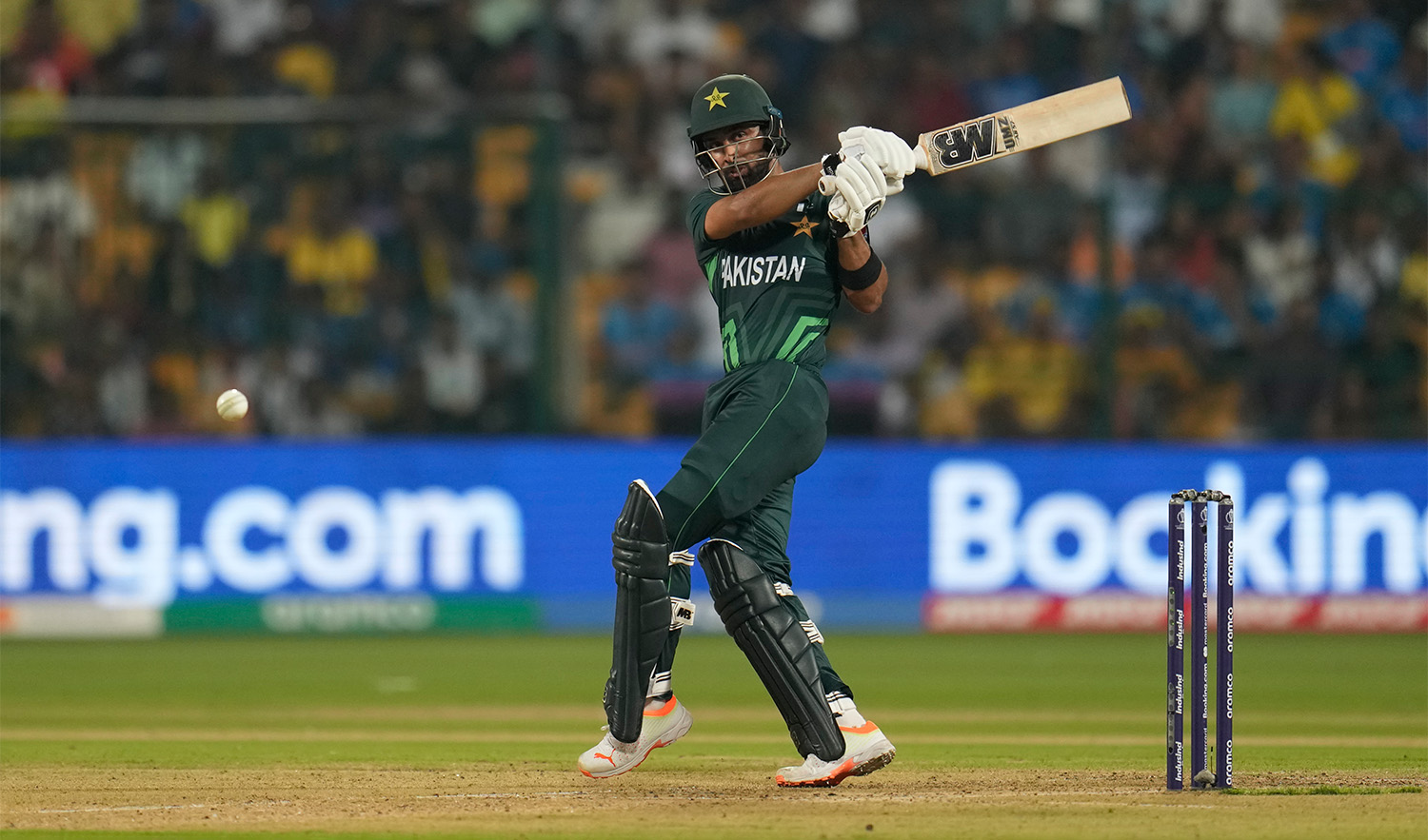 Pakistan's Abdullah Shafique plays a shot during the ICC Men's Cricket World Cup match between Australia and Pakistan in Bengaluru, India, on October 20, 2023. (AP)