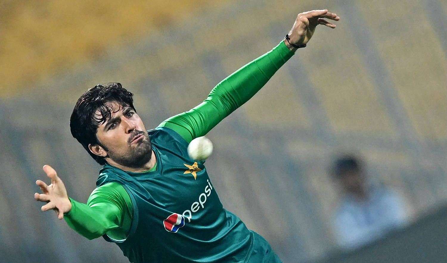 Pakistan's Mohammad Wasim attends a practice session ahead of their 2023 ICC Men's Cricket World Cup one-day international (ODI) match against South Africa at the MA Chidambaram Stadium in Chennai on October 25, 2023. (AFP)AP