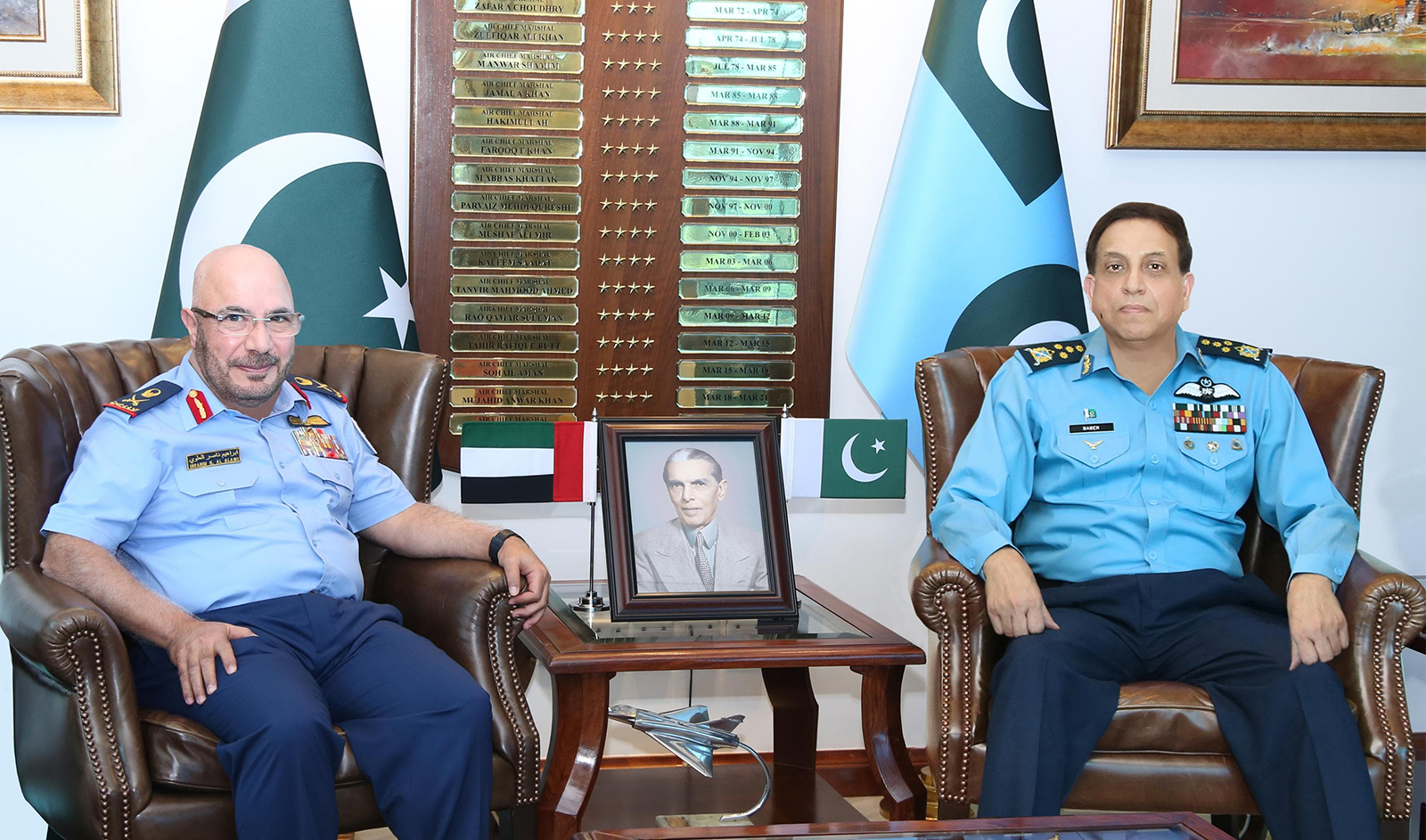 UAE Air Force Commander Major General Staff Pilot Ibrahim Nasser Mohamed Al-Alawi (left) meets Pakistan’s chief of air staff, Air Chief Marshal Zaheer Ahmed Baber Sidhu, at Pakistan’s Air Headquarters in Islamabad on October 26, 2023. (Pakistan Air Force)