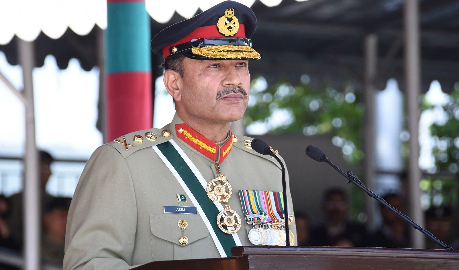 Pakistan army chief General Asim Munir addresses the passing out parade of cadets of the 147th PMA Long Course at the Pakistan Military Academy in Kakul, Pakistan, on April 29, 2023. (ISPR/File)