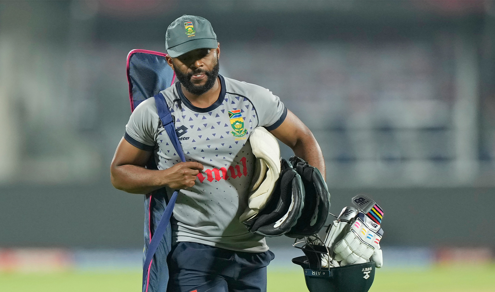 South Africa's captain Temba Bavuma attends a practice session ahead of their ICC Men's Cricket World Cup match against Pakistan in Chennai, India, on October 26, 2023. (AP)