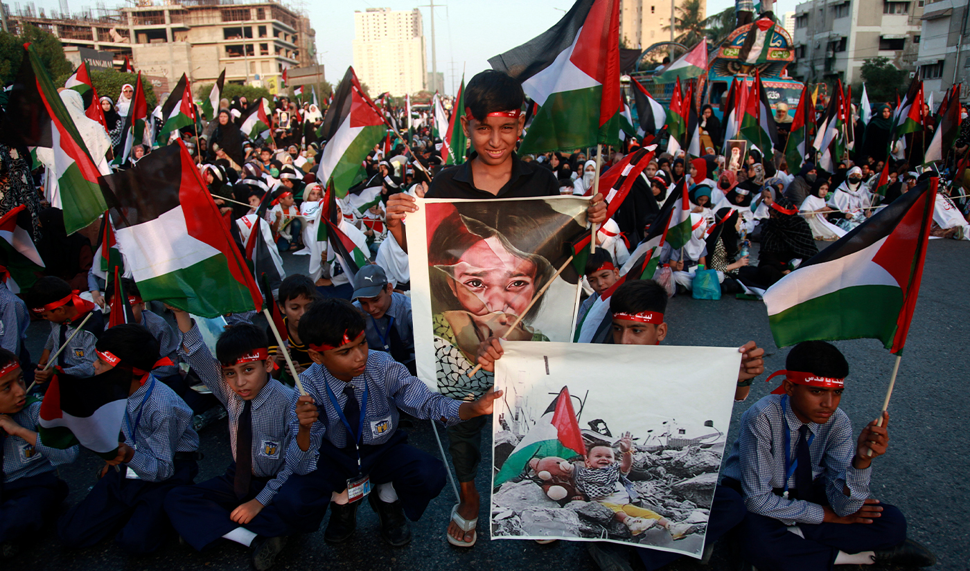 Supporters take part in a rally against the Israeli airstrikes on Gaza to show solidarity with Palestinian people, in Karachi, Pakistan, on October 29, 2023. (AP)