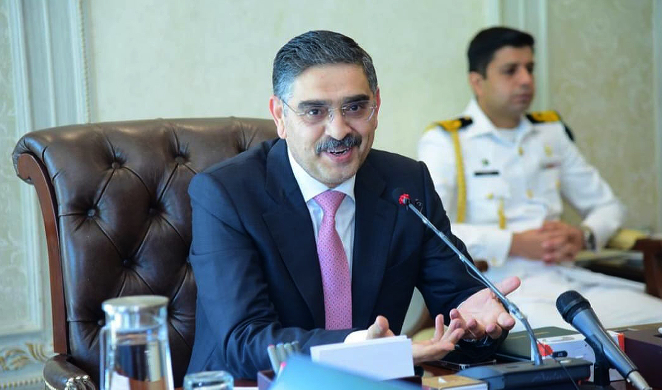 In this file picture, taken and released by the Prime Minister's Office on October 12, 2023, Pakistan's interim prime minister Anwaar-ul-Haq Kakar speaks during a meeting with journalists in Islamabad. (Photo courtesy: PMO)
