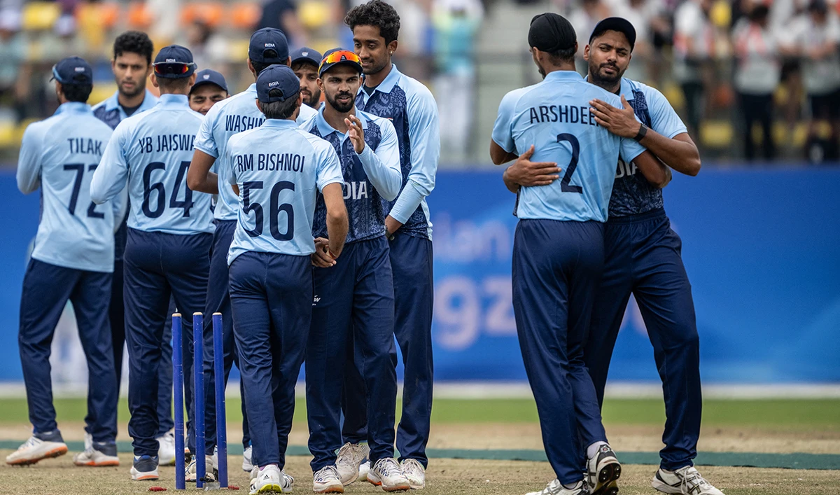 India's players celebrate their victory after the men's quarter-final cricket match between India and Nepal during the 2022 Asian Games in Hangzhou, in China's eastern Zhejiang province on October 3, 2023. (AFP/File)