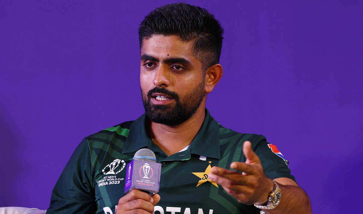 Pakistan's skipper Babar Azam speaks during the captain's day ahead of the 2023 Cricket World Cup in Ahmedabad, India, on October 4, 2023. (REUTERS)