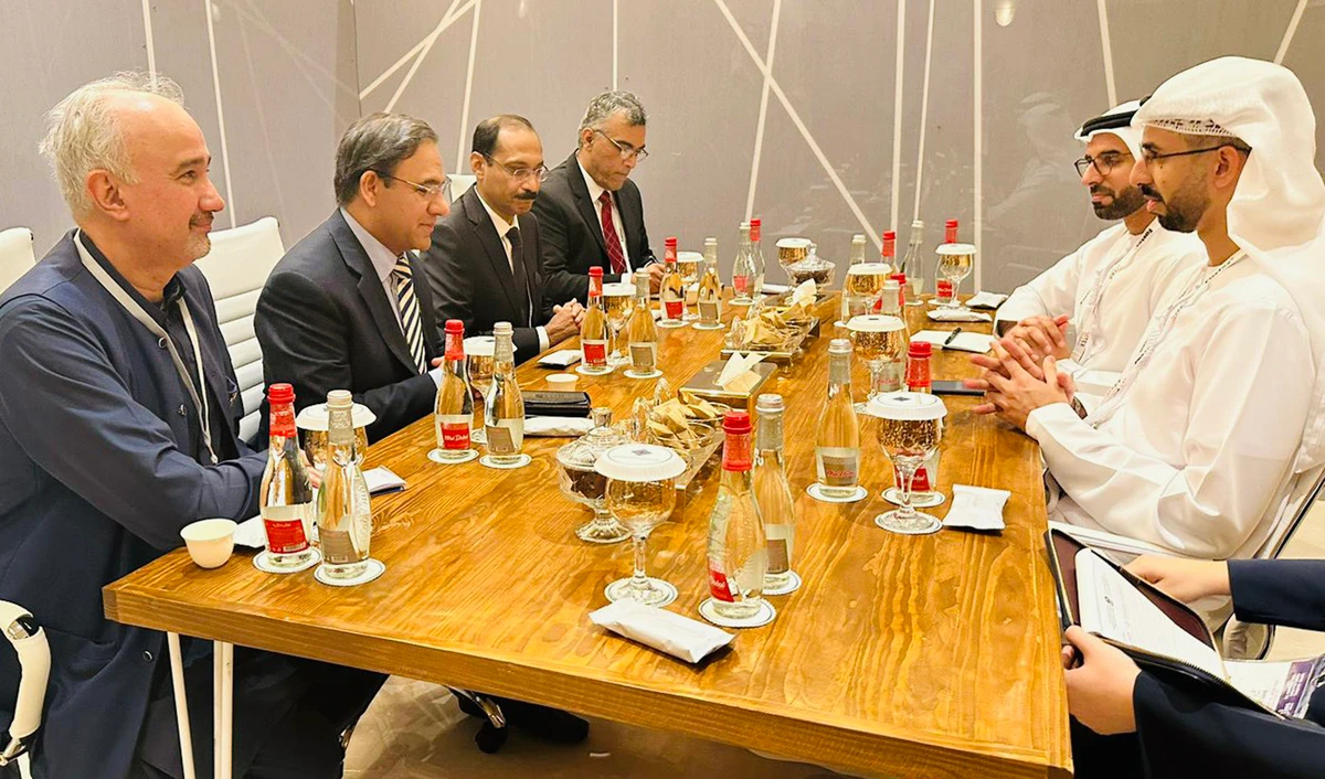 Pakistan's caretaker information technology (IT) minister, Umar Saif, second left, holds a meeting with the UAE's minister of artificial intelligence, Omar bin Sultan Al-Olama, right, in Dubai on October 16, 2023. (Photo courtesy: @umarsaif/X)