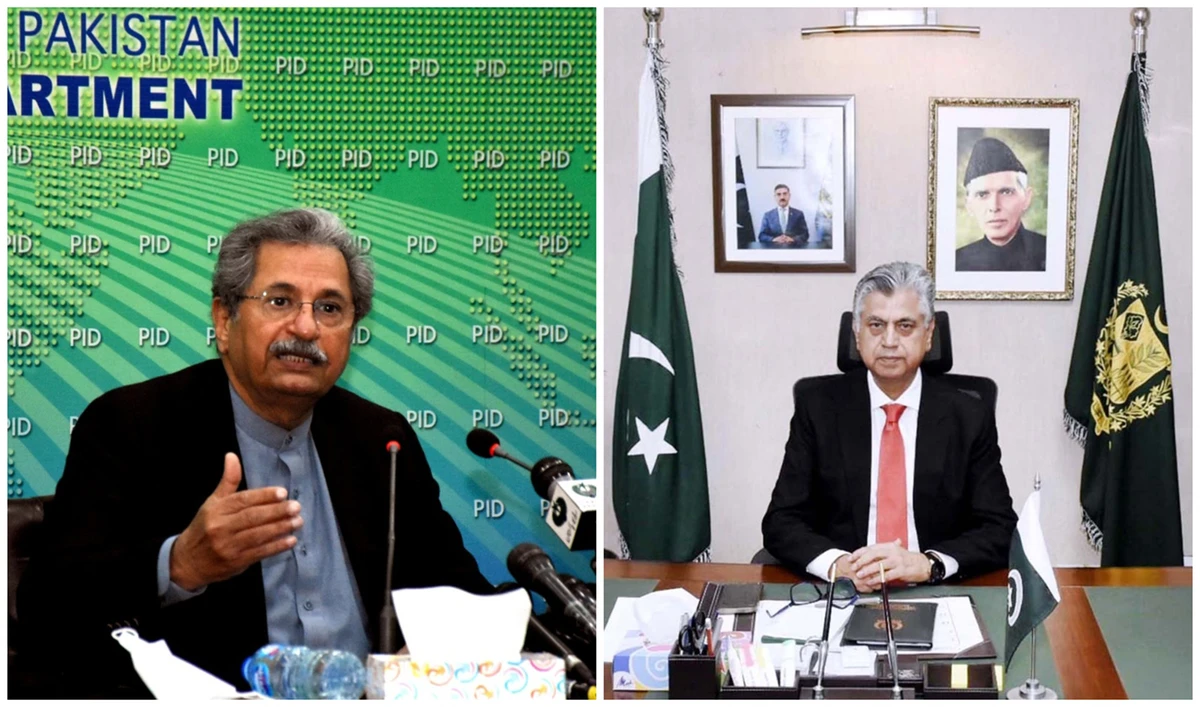 The collage of images created on October 18, 2023, shows Pakistan Tehreek-e-Insaf leader Shafqat Mahmood (left) and Pakistan’s Information Minister Murtaza Solangi. (Photo courtesy: APP/File)