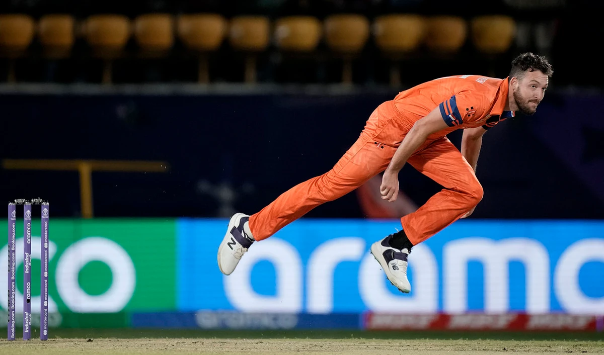 Netherlands' Paul Van Meekeren bowls during the ICC Men's Cricket World Cup match between South Africa and Netherlands in Dharamshala, India, on October 17, 2023. (AP)