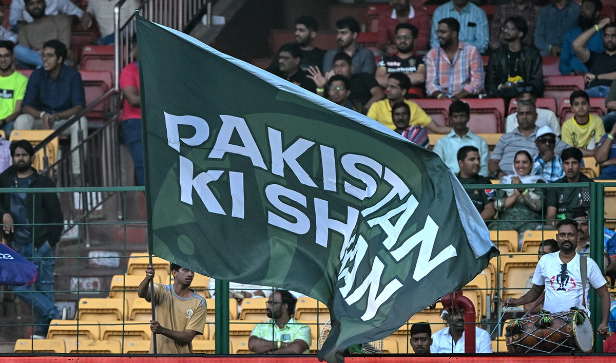 A fan waves a flag as he cheers for Pakistan's team during the 2023 ICC Men's Cricket World Cup one-day international (ODI) match between Australia and Pakistan at the M. Chinnaswamy Stadium in Bengaluru on October 20, 2023. (AFP/File)