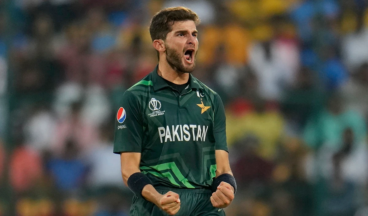 Pakistan's Shaheen Afridi celebrates his five-wicket haul after dismissing Australia's Josh Hazlewood during the ICC Men's Cricket World Cup match between Australia and Pakistan in Bengaluru, India, on October 20, 2023. (AP)