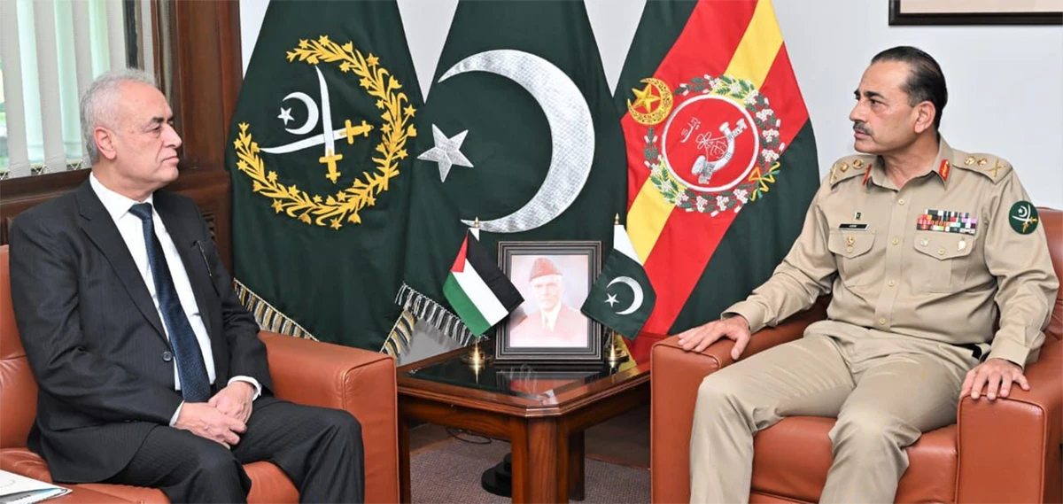 Pakistan's Army chief General Syed Asim Munir (right) meets Palestinian ambassador to Pakistan, Ahmad Jawad Rabei, in Rawalpindi, Pakistan on October 24, 2023. (ISPR)