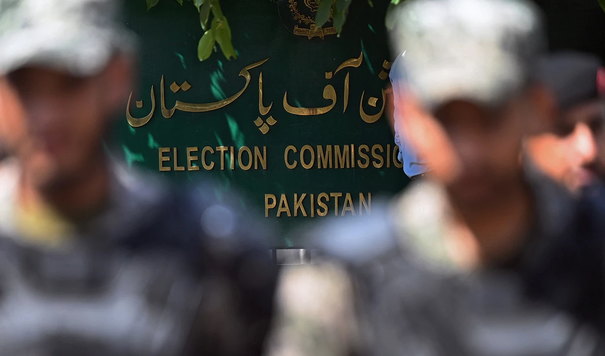 Paramilitary soldiers stand guard outside the Pakistan’s election commission building in Islamabad on August 2, 2022. (AFP/File)