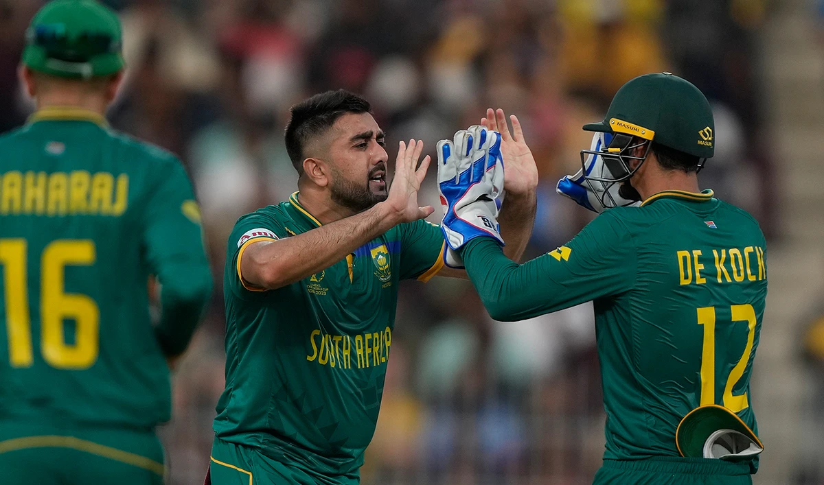 South Africa's Tabraiz Shamshi celebrates the dismissal of Pakistan's Saud Shakeel during the ICC Men's Cricket World Cup match between South Africa and Pakistan in Chennai, on October 27, 2023. (AP)