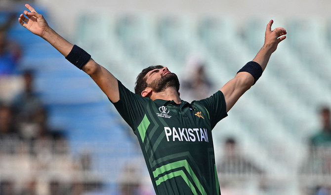 Pakistan's Shaheen Shah Afridi celebrates after taking the wicket of Bangladesh's Tanzid Hasan during the 2023 ICC Men's Cricket World Cup one-day international (ODI) match between Pakistan and Bangladesh at the Eden Gardens in Kolkata on October 31, 2023. (AFP)