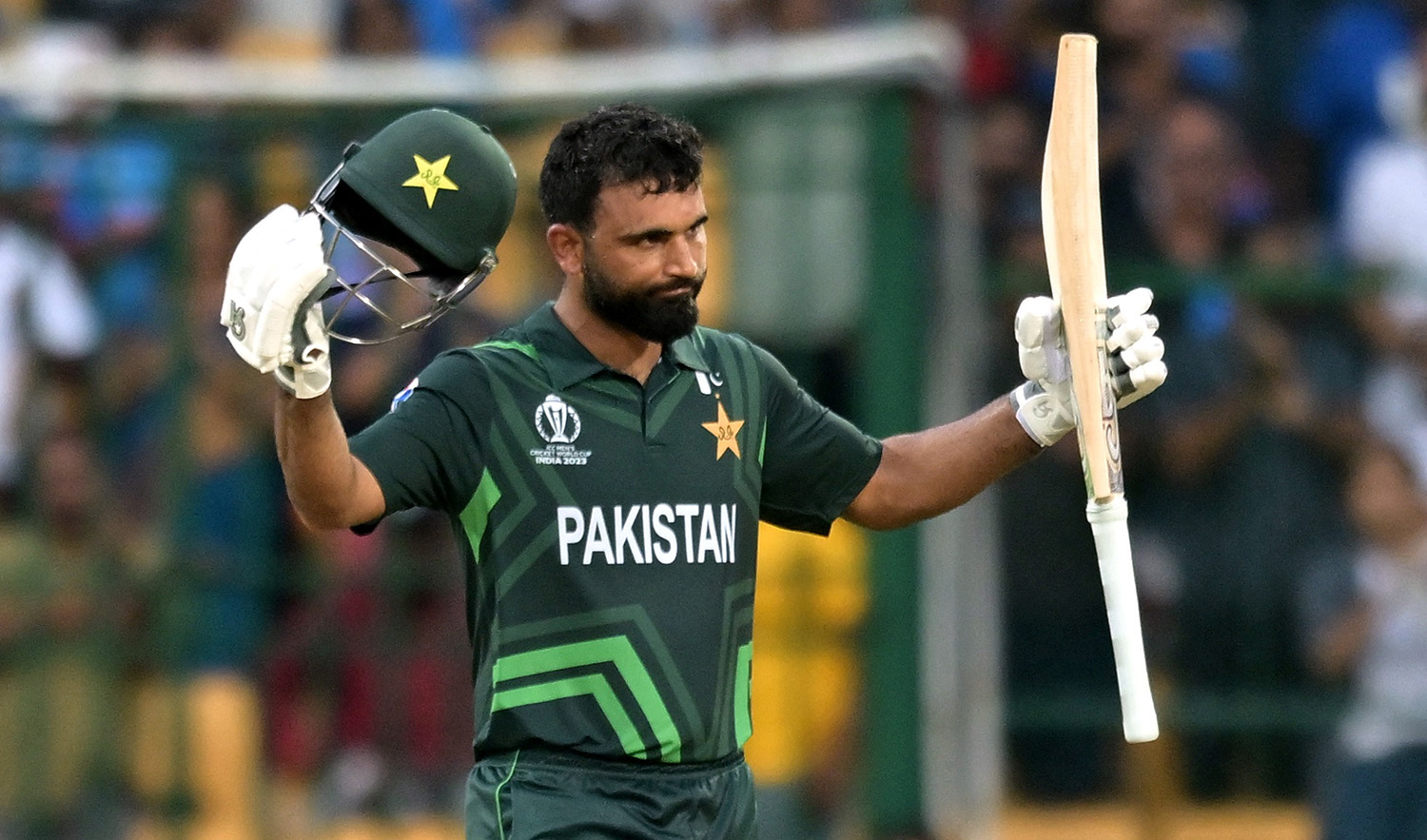Pakistan's Fakhar Zaman celebrates after reaching his century against New Zealand at Chinnaswamy Stadium in Bengaluru, India on November 4, 2023. (REUTERS)
