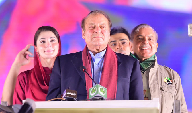 Former Pakistani Prime Minister Nawaz Sharif (center) is pictured with his daughter, Maryam Nawaz (left) and his brother and ex-premier Shehbaz Sharif (right) in Lahore, Pakistan on October 21, 2023. (PML-N)
