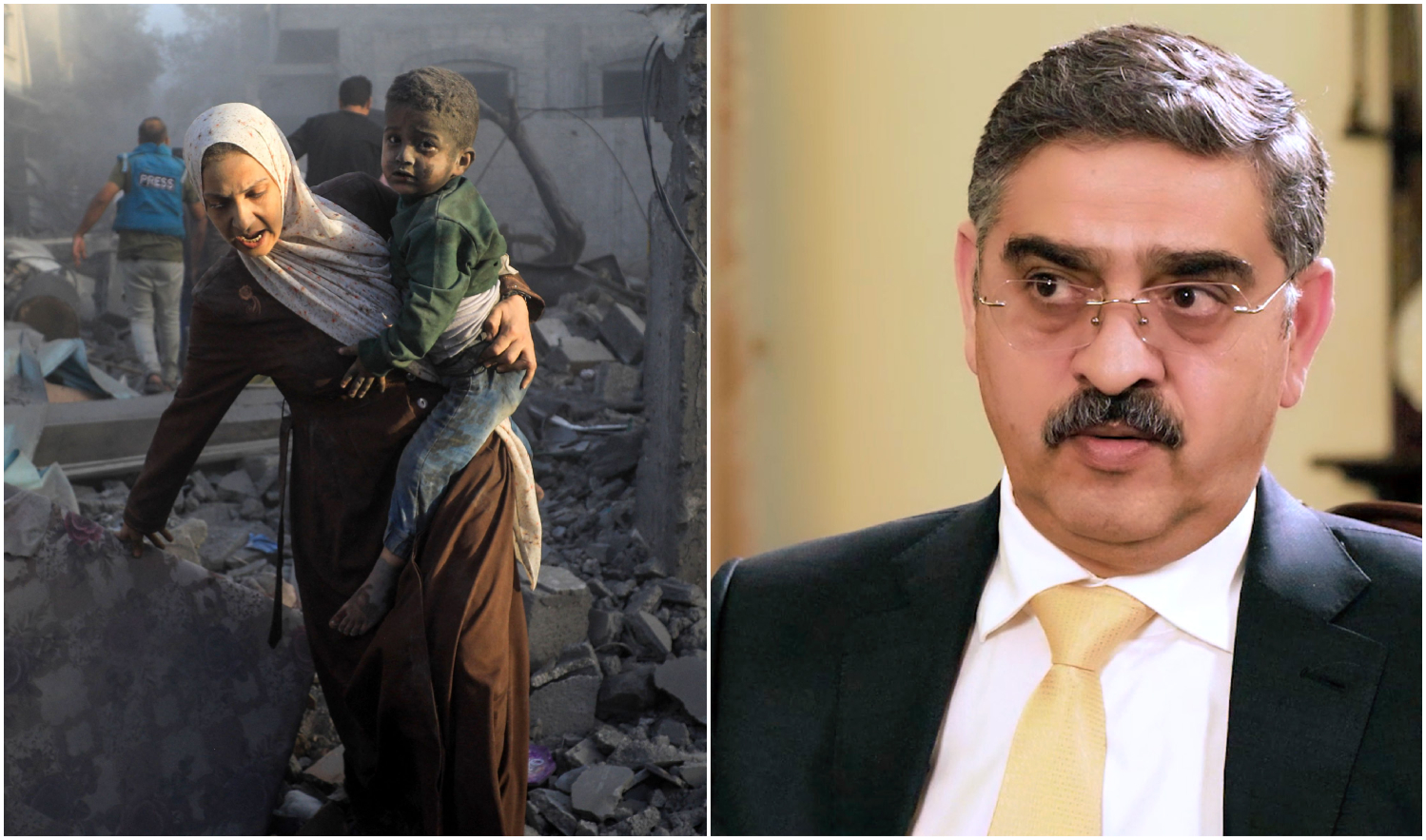 The combination of photos show people running following Israeli air strikes on a neighborhood in central Gaza Strip on November 6, 2023., left, and Pakistan's Prime Minister Anwaar-ul-Haq Kakar during an interview with Arab News on November 8, 2023. (AFP and AN photo)