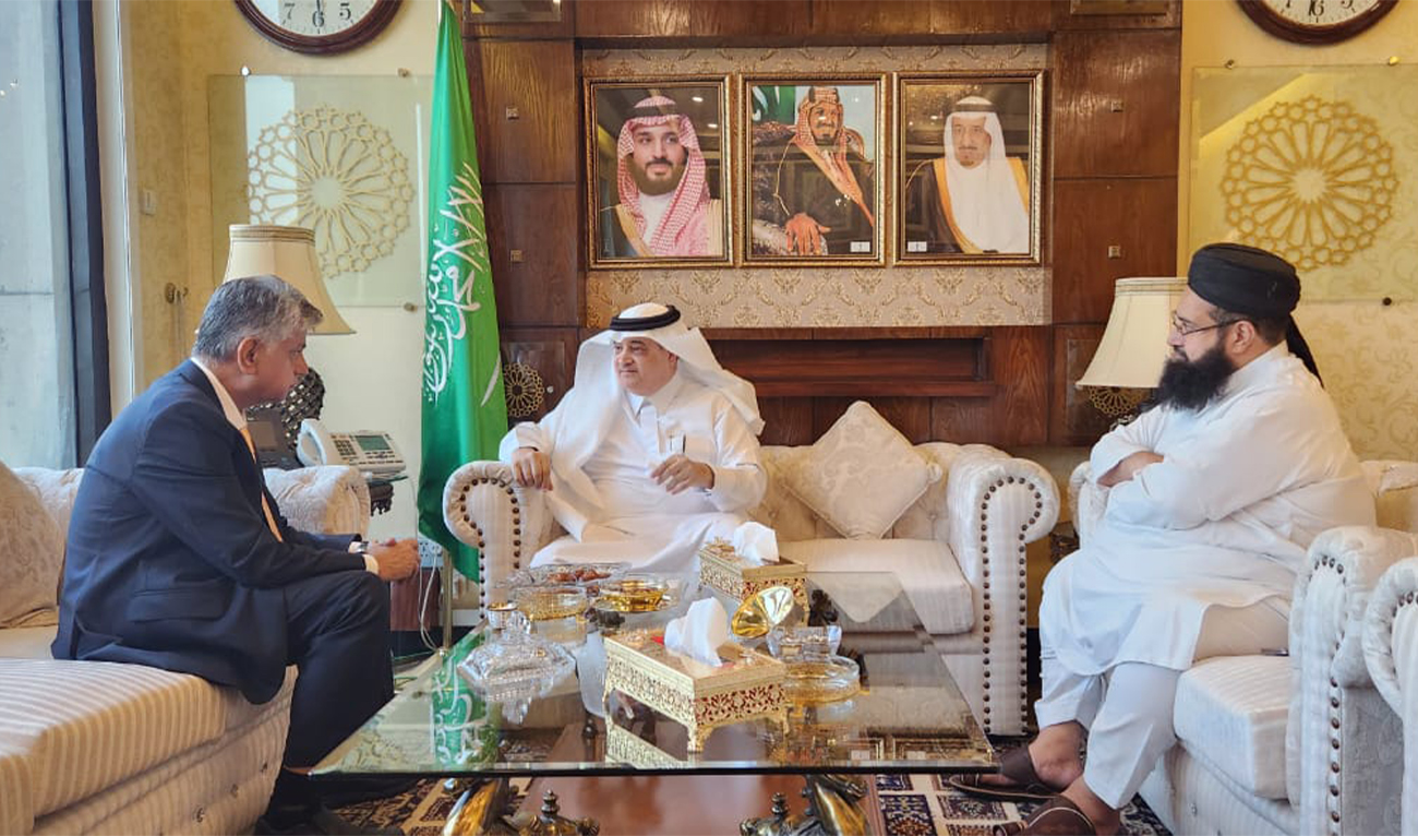 Pakistan's Caretaker Information Minister Murtaza Solangi (left) meets Saudi Arabia’s Ambassador to Pakistan, Nawaf bin Said Al-Malki (second from left), in Islamabad, Pakistan on November 9, 2023. (Pakistan Government)