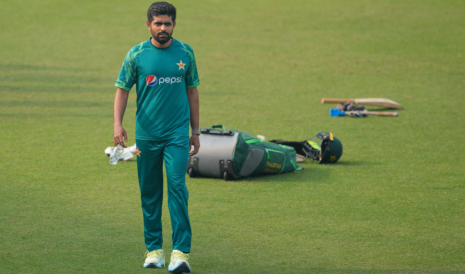 Pakistan's captain Babar Azam attends a practice session ahead of their ICC Men's Cricket World Cup match against England in Kolkata, India, on November 10, 2023. (AP)