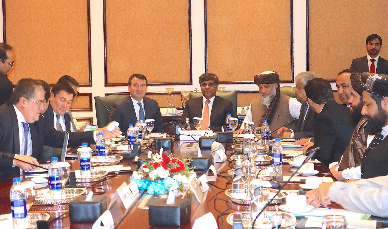 This handout photo, taken and released by the Afghanistan Embassy in Islamabad, shows Pakistan's interim commerce minister Dr Gohar Ejaz (center) with his Afghan counterpart, Hajji Nooruddin Azizi (center, right) and Uzbekistan's Deputy Prime Minister, Dr. Jamshid Khodjaev (center, left), during the first trilateral meeting between the three nations in Islamabd on November 14, 2023. (Photo courtesy: X/@AfghanembassyI1)