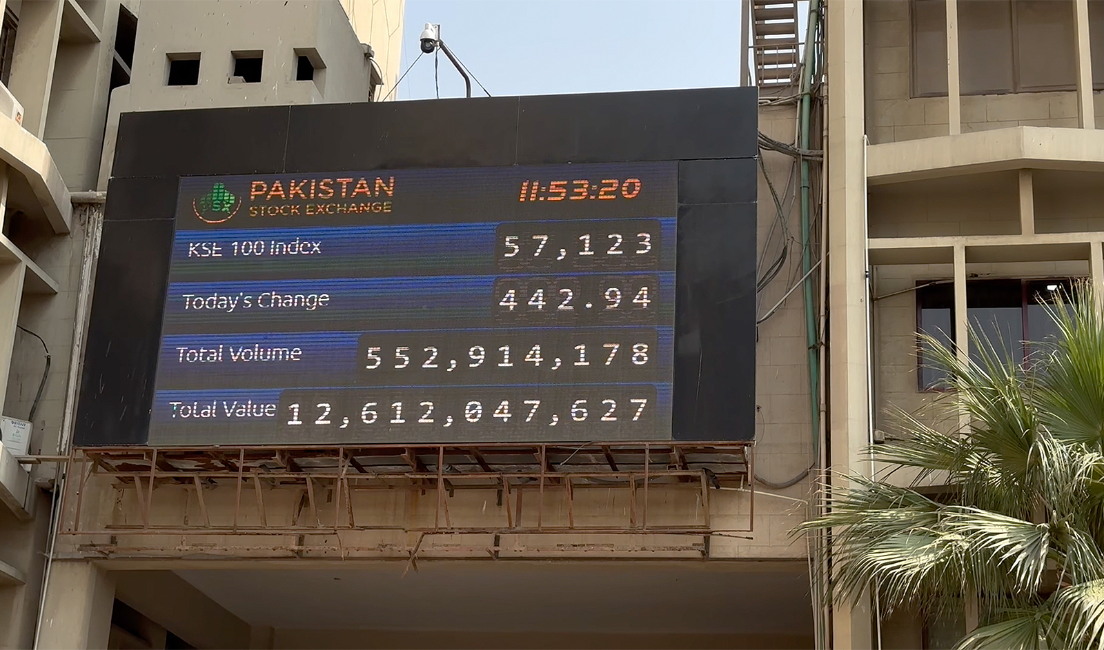 The screen outside Pakistan Stock Exchange shows share prices during a trading session at the Pakistan Stock Exchange (PSX) in Karachi on November 16, 2023. (AN photo)