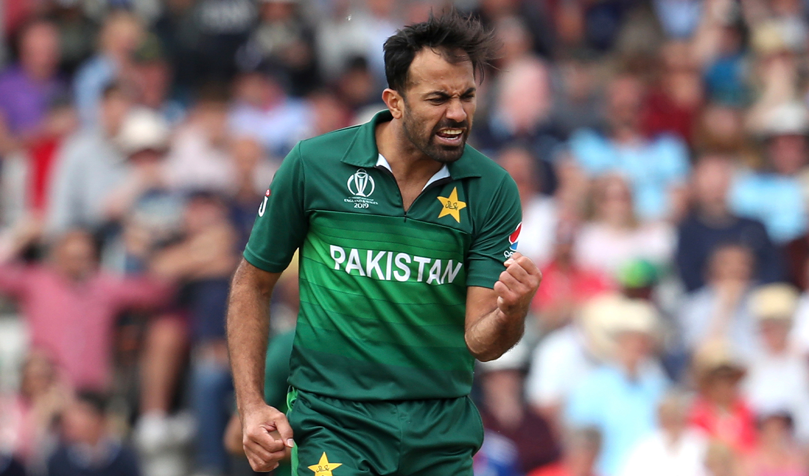 Pakistan's Wahab Riaz celebrates the dismissal of England's Jonny Bairstow during the Cricket World Cup match between England and Pakistan at Trent Bridge in Nottingham, UK on June 3, 2019. (AP/File)