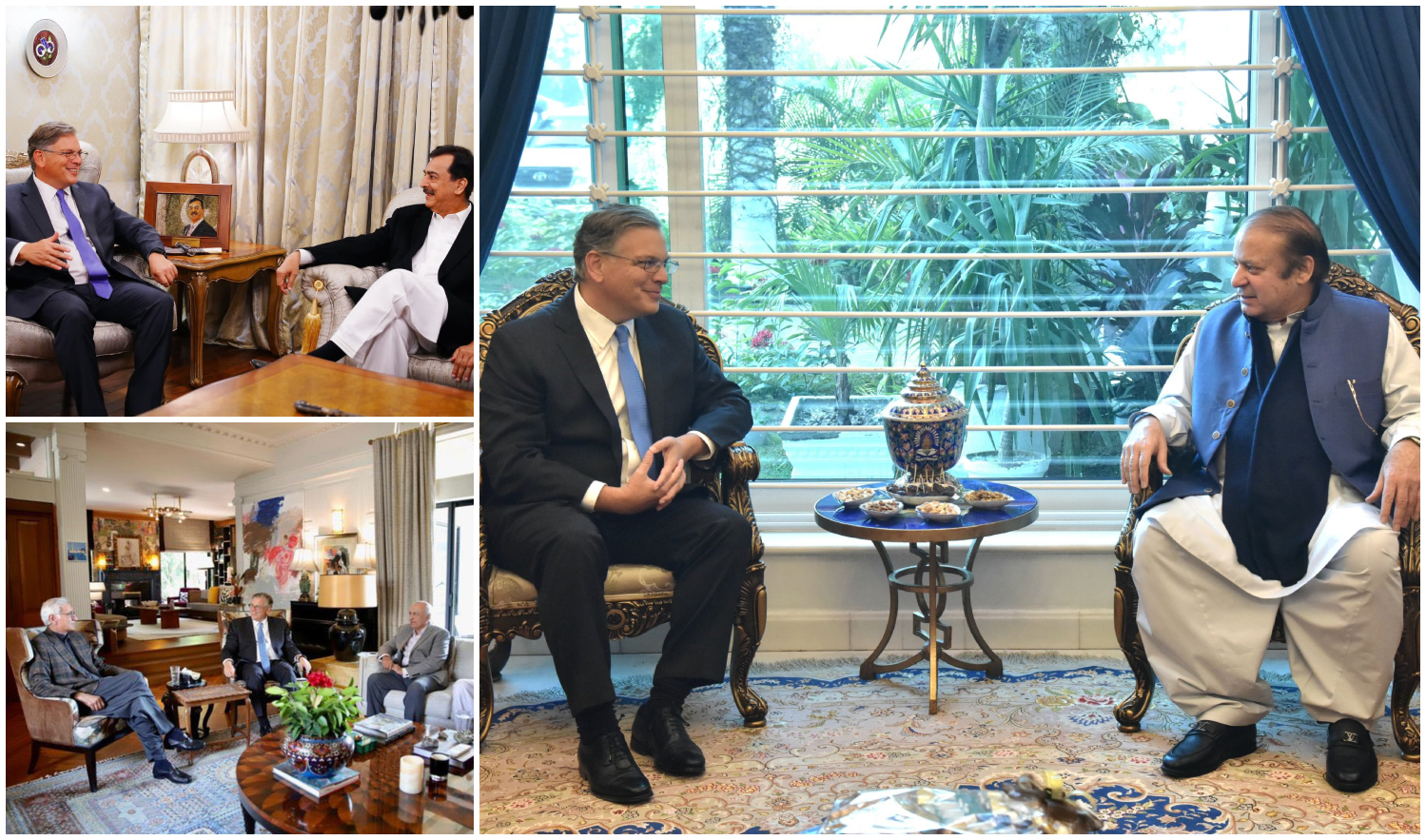 The combination of photos shows US Ambassador to Pakistan meeting top political leaders in Multan and Lahore ahead of 2023 elections on November 18, 2023. (Photos: social media)