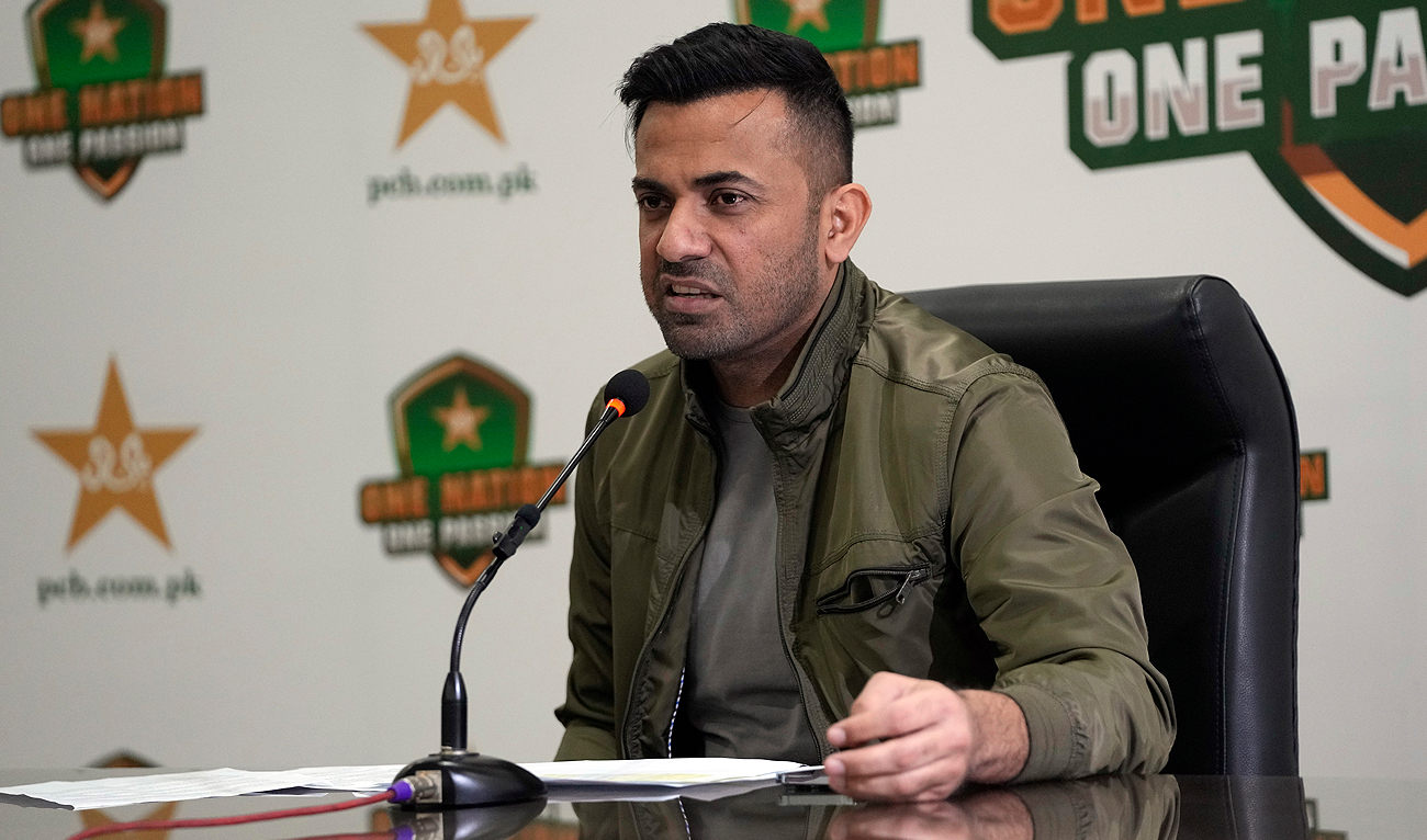 Newly appointed chief selector Wahab Riaz, speaks during a press conference at the Gaddafi Stadium in Lahore, Pakistan, Monday, Nov. 20, 2021. (AP)