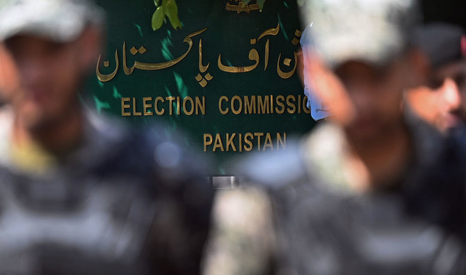 Paramilitary soldiers stand guard outside the Pakistan’s election commission building in Islamabad on August 2, 2022. (AFP/FILE)