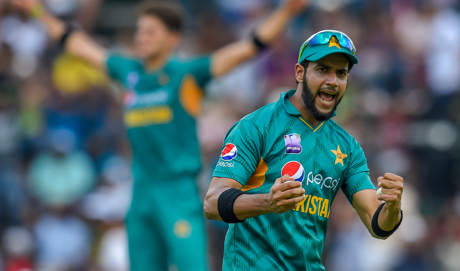 Pakistan's Imad Wasim celebrates after catching out South Africa's Rassie van der Dussen during the second T20I match between South Africa and Pakistan at the Wanderers cricket stadium on February 03, 2019 in Johannesburg. (AFP/File)