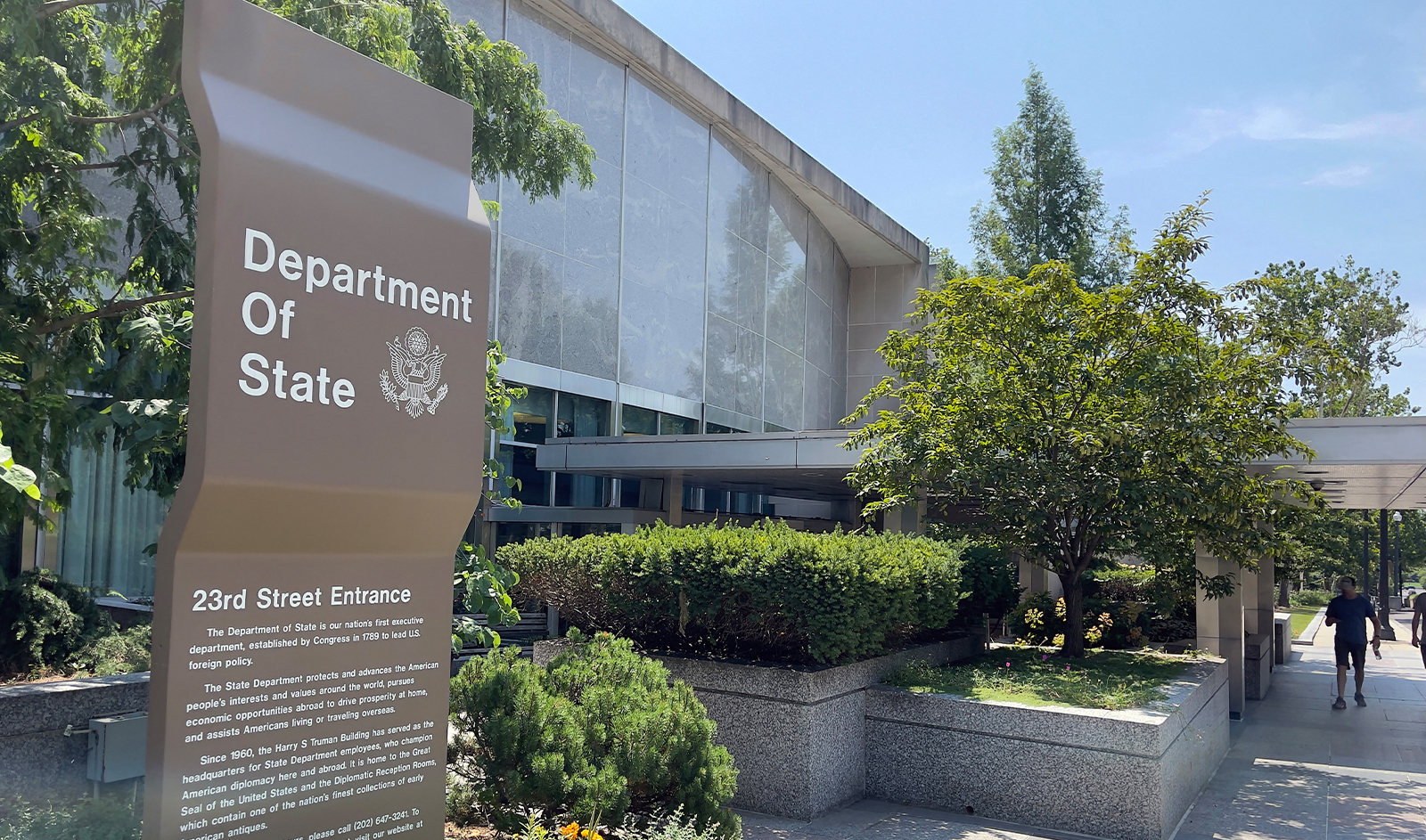 A sign pointing at the United States Department of State is pictured in Washington, US on August 6, 2021. (AFP/File)