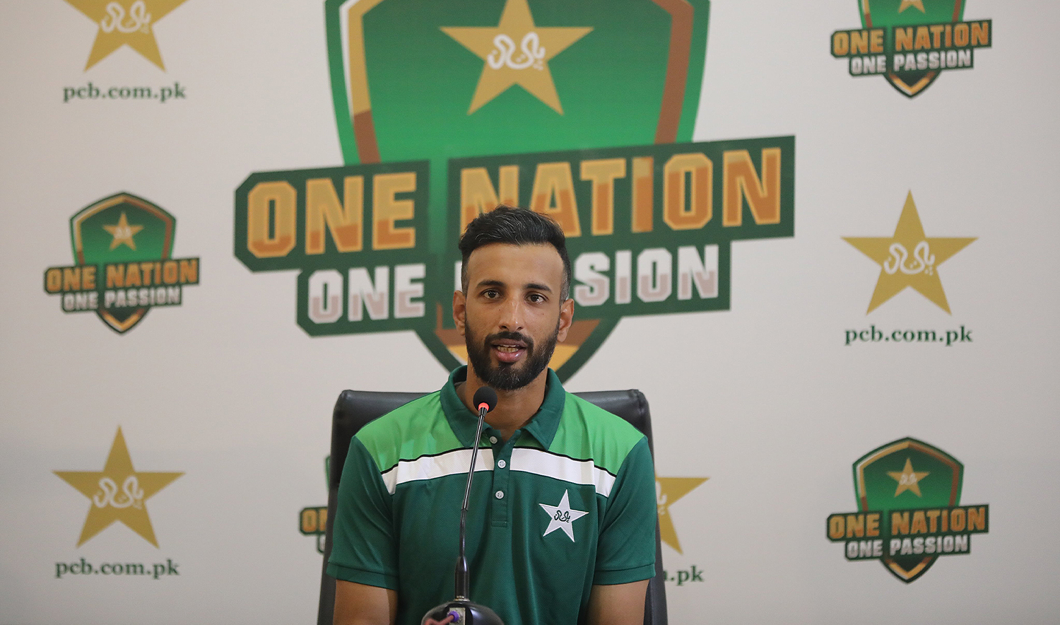 Pakistan’s newly appointed Test captain Shan Masood is pictured addressing a press conference in Lahore, Pakistan on November 29, 2023. (Pakistan Cricket Board)