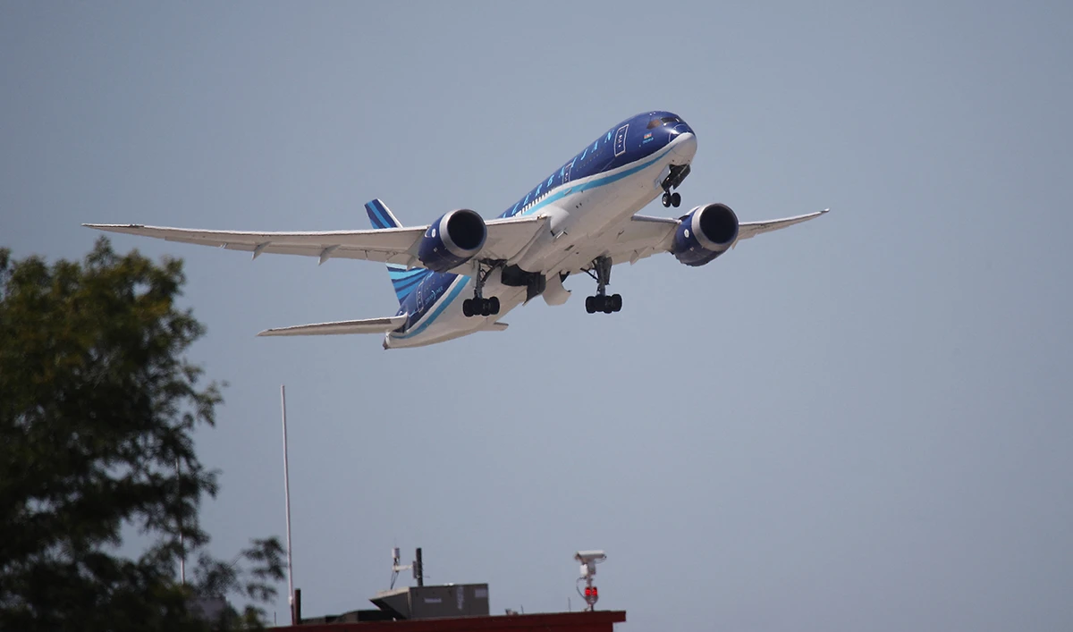 A Boeing 787-8 Dreamliner operated by Azerbaijan Airlines takes off from JFK Airport on August 24, 2019 in the Queens borough of New York City. (AFP/File)