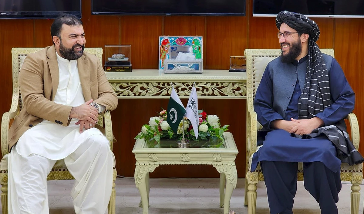 Pakistan's Caretaker Interior Minister Sarfraz Bugti (left) gestures during a meeting with Afghanistan’s ambassador Sardar Ahmad Shakib in Islamabad on November 2, 2023. (Photo courtesy: X/@MOIofficialGoP)