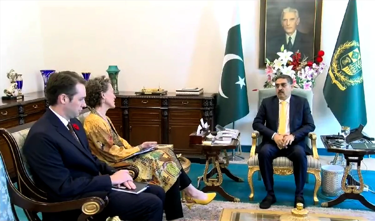 In this screengrab, taken from a video released by Prime Minister's Office, Canadian High Commissioner Leslie Scanlon speaks during a meeting with Pakistan’s Caretaker Prime Minister Anwaar-ul-Haq Kakar in Islamabad on November 6, 2023. (Photo courtesy: PMO)